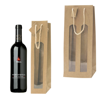 Bottiglia di vino e sacchetto porta vino, color avana, con finestra ed uno ocn due finestre